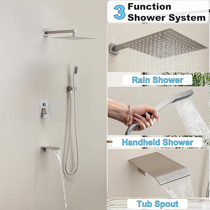 Shower System with Tub Spout, Wall Mounted Shower Faucet Set for Bathroom with 12 Inch Rain Shower Head and Handheld Shower Head Set, Brushed Nickel
