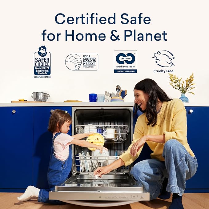 BLUELAND 100% Plastic-Free Dishwasher Detergent Tablets, 60 Count, Free & Clear, Eco-Friendly Dishwashing Pods, Natural, USDA Certified biobased