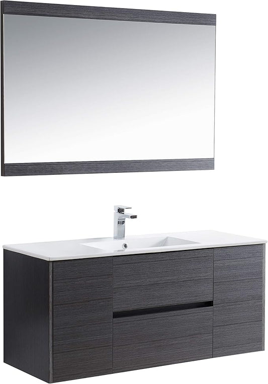 Blossom Single Bathroom Vanity with Ceramic Sink and Mirror | All Wood Floating Vanity Cabinet | 2 Doors and Soft-Closing U-Shaped Cutout Drawers| 48" w/Ceramic Sink and Mirror, Silver Grey