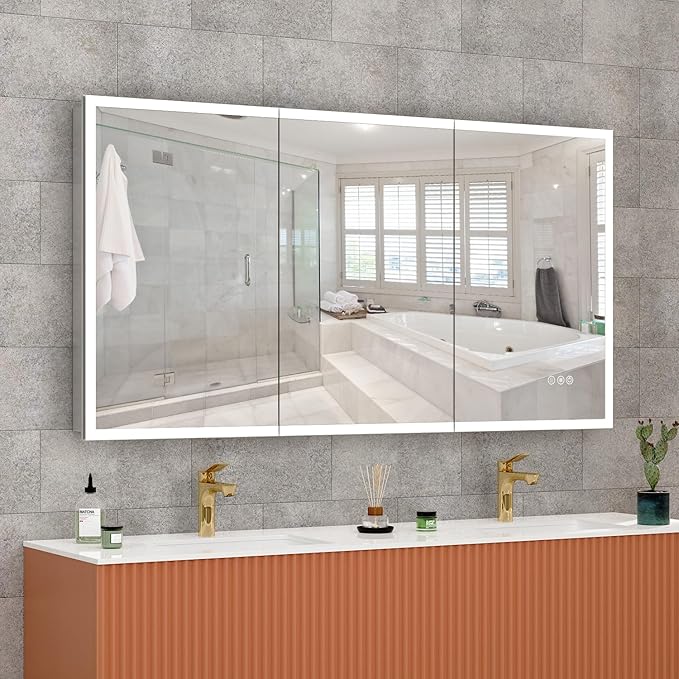 Medicine Cabinet with Lights, Bathroom LED Mirror Cabinet with Storage, Anti-Fog & 3 Color Lights, Recessed or Wall Mounted (60X32 in)