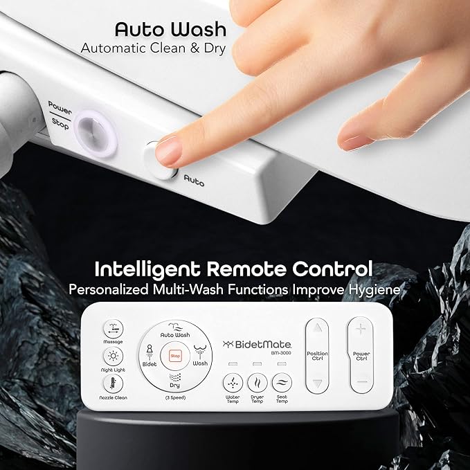 BidetMate 3000 Series Electric Toilet Seat Bidet with Unlimited Heated Water, Remote, and Adjustable Warm Air Dryer - Adjustable and Self-Cleaning - Fits Elongated Toilets