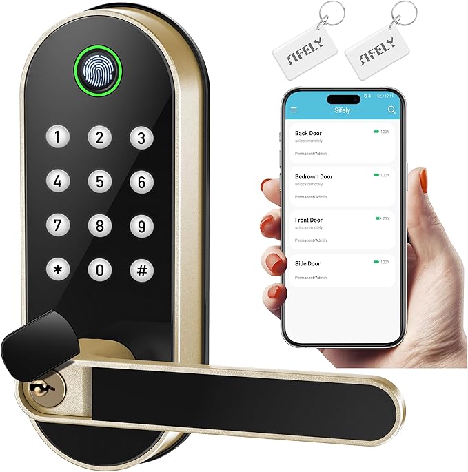 Keyless Entry Fingerprint Smart Lock with Handle & Keypad: Sifely Biometric Digital Electronic Lock with Code, Electric Deadbolt Door Knob for Front, Interior, Exterior & Bedroom Doors (Gold)