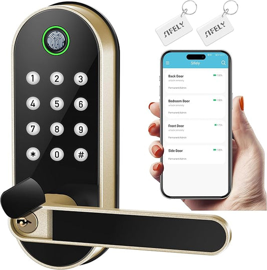 Keyless Entry Fingerprint Smart Lock with Handle & Keypad: Sifely Biometric Digital Electronic Lock with Code, Electric Deadbolt Door Knob for Front, Interior, Exterior & Bedroom Doors (Gold)