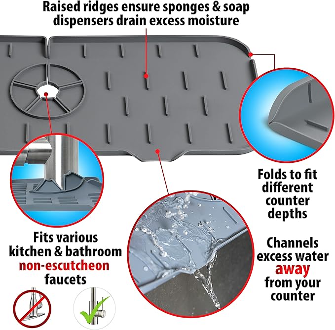 ExqNova Food Grade Silicone Sink Splash Guard, Faucet Drip Catcher Tray, Faucet Water Catcher Mat, Faucet Splash Guard, Sink Draining Pad Behind Faucet, Drip Protector Countertop, Grey Splash Guard