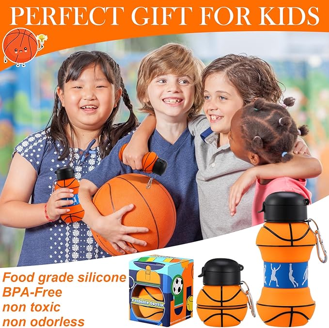 Layhit 8 Pcs Collapsible Basketball Water Bottle 18oz Basketball Cups Gifts for Kids Silicone Portable Leakproof Folding Water Bottle with Hook for Sports School Travel
