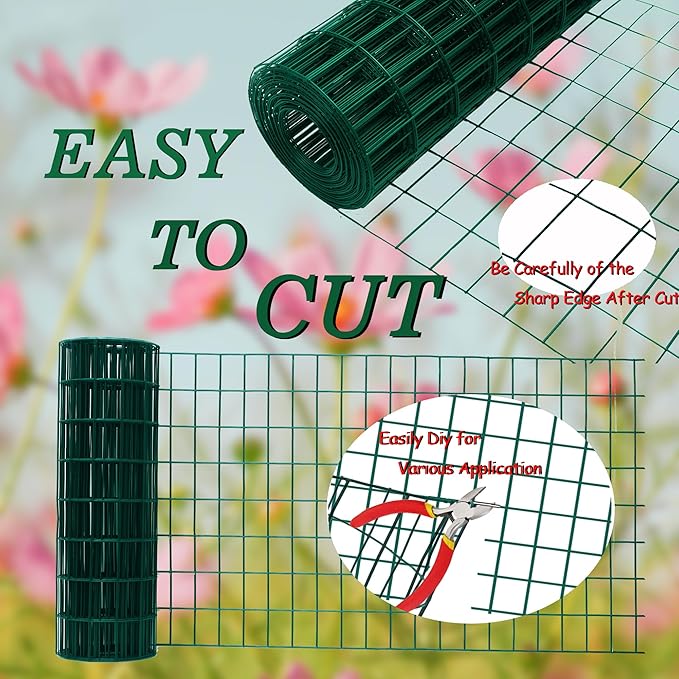 Green Metal Garden Fence, 72inch(H) x 50ft(L), 2 inch x 3 inch,14GA 2/3/4/5/6 Ft Tall Chicken Wire PVC Coated Welded Wire Mesh Roll for Dogs Border Yard Vegetable Plant Protection Poultry Netting