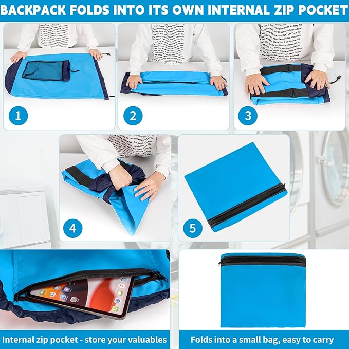 Laundry Bag Backpack with Shoulder Straps and Mesh Pocket Foldable Laundry Hamper for College, Apartment, Laundromat (Blue)