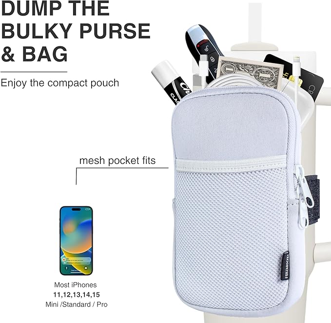 Water Bottle Pouch for Stanley Cups with 20oz 30oz 40oz Stanley Quencher Adventure & Stanley IceFlow, Gym Accessories for Women Tumbler Pouch with Strap & Zipper Cup Purse for Card Keys (White, Large)