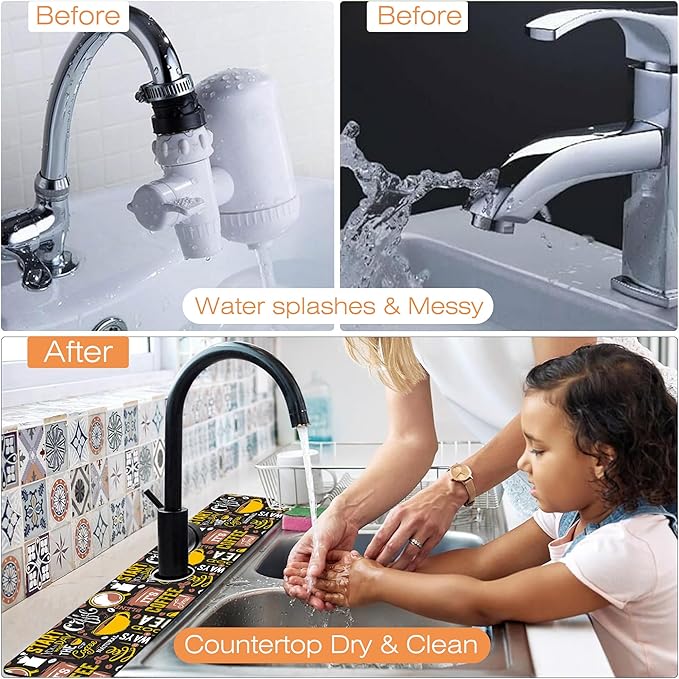 Kitchen Faucet Mat Coffee Poster Kitchen Sink Splash Guard Faucet Mat,1 PC Splash Guard Behind Faucet Drip Catcher for Kitchen,Sink Mat,Dish Drying Mat,Bathroom Faucet Mat 23.5""X5.5""