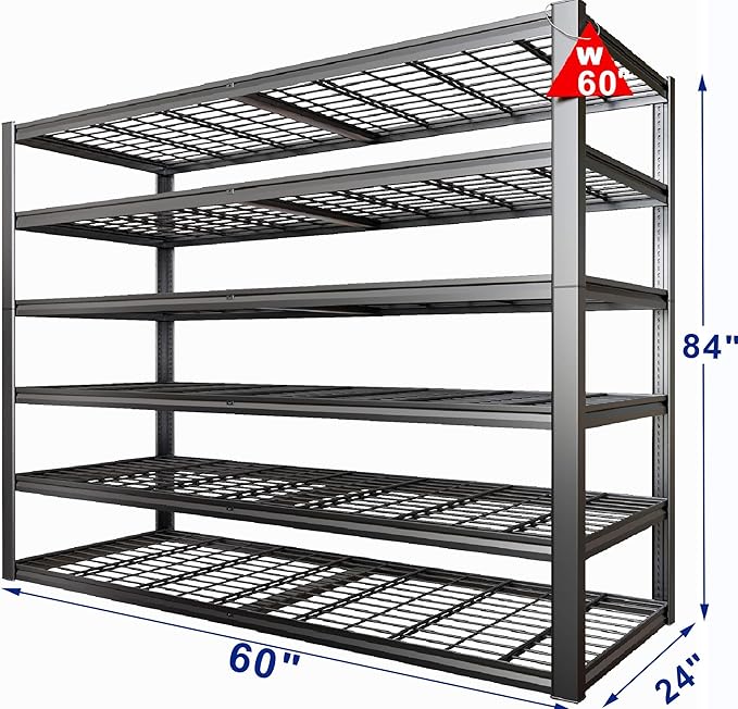 60" Wide Heavy Duty Garage Shelving Adjustable 6 Tier Garage Storage Shelves 3900LBS Metal Shelving Unit Industrial Utility Shelf, 84" H x 60" W x 24" D