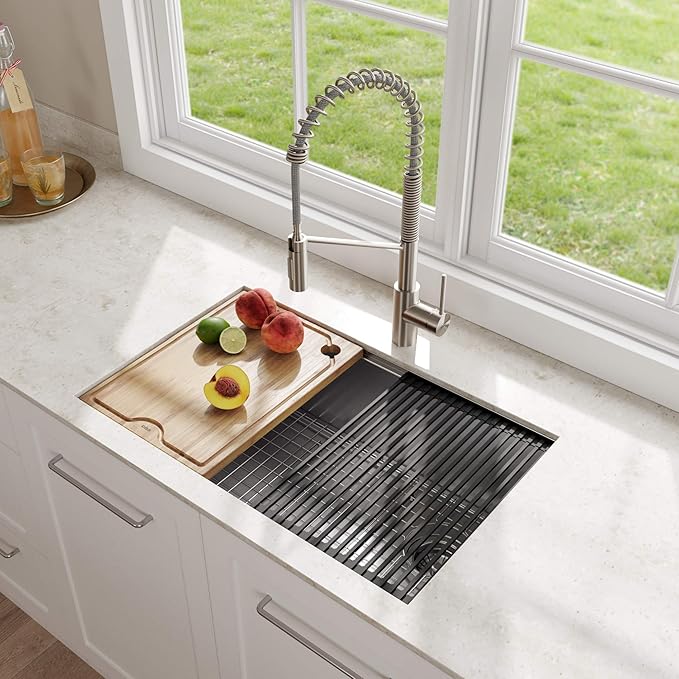 KRAUS Kore Workstation 27-inch Undermount 16 Gauge Stainless Kitchen Sink, Single Bowl Kitchen Sink with 3/4 HP Garbage Disposal, KWU110-27-100-75MB