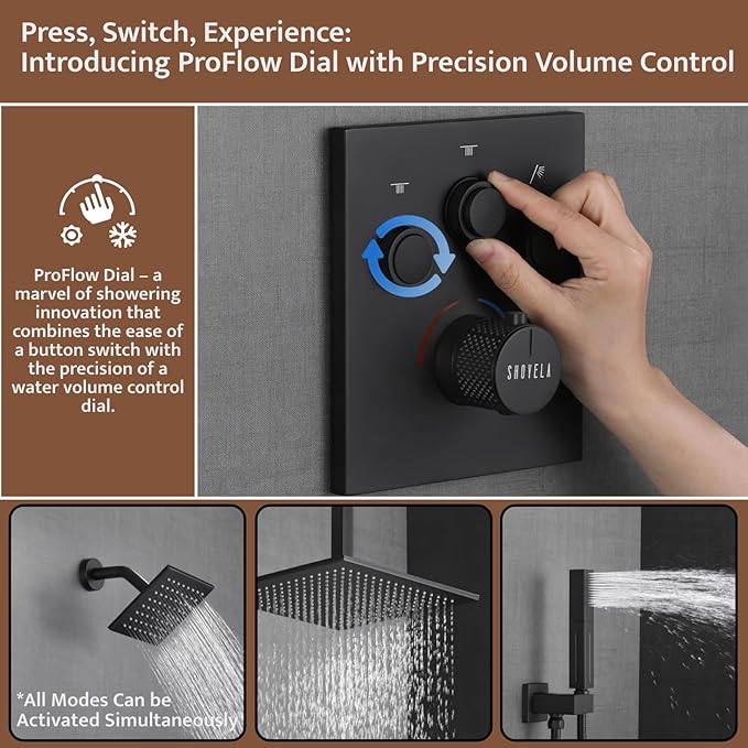 Thermostatic Shower System Matte Black, Push Button Diverter Shower Faucet with 2 in 1 Handheld, Ceiling Mount 12 Inch Shower Head with 6 Inch Wall Mount Shower Head