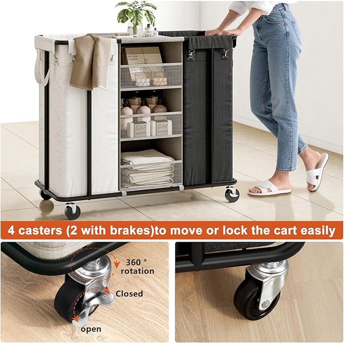 WOWLIVE Laundry Sorter 2 Section 200L Rolling Laundry Hamper with Hanging and Removable Bags Laundry Cart with Steel Frame and Storage Unit Large Basket Organizer for Dorm, Bathroom (Beige and Black)