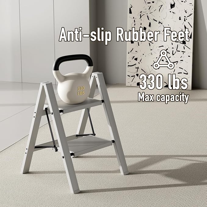 2 Step Ladder,Aluminum Folding Step Stool for Adults,Step Ladder with Wide Anti-Slip Pedal,330 lbs Capacity for Home,Office,Kitchen,Library(Grey)