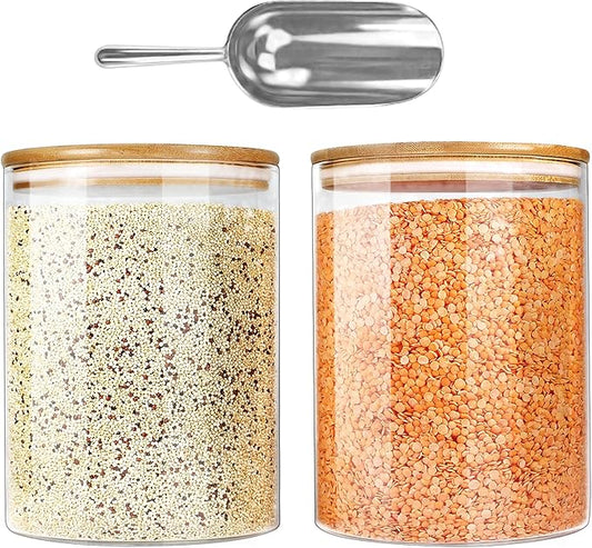 Urban Green Glass Jar with Bamboo Lids (2 sets 100oz) with Metal Scoop, Food Storage Containers with Airtight Lids, Glass Canisters sets, Flour Container Jar