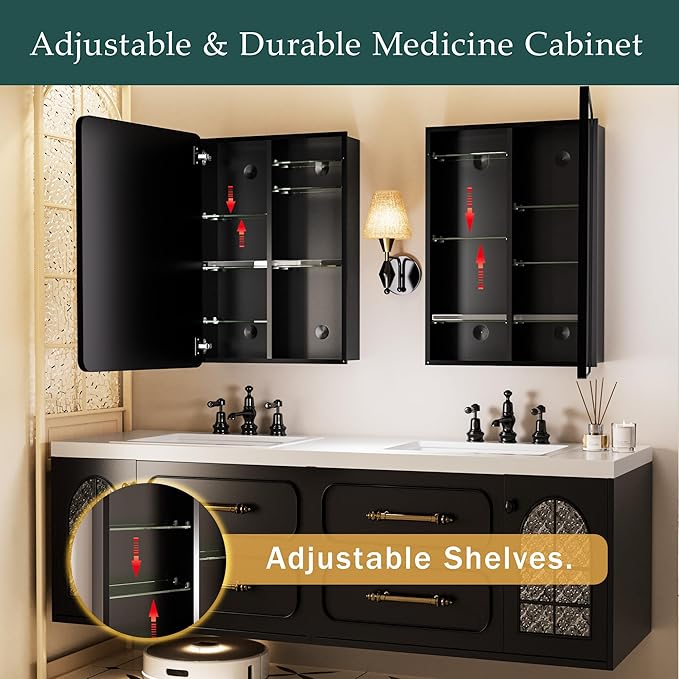 Black Medicine Cabinet with Mirror for Bathroom:20x26 Inch Small Mirrored Vanity Storage with Adjustable Shelves-Surface or Recessed Wall Mount-Matte Black Frame