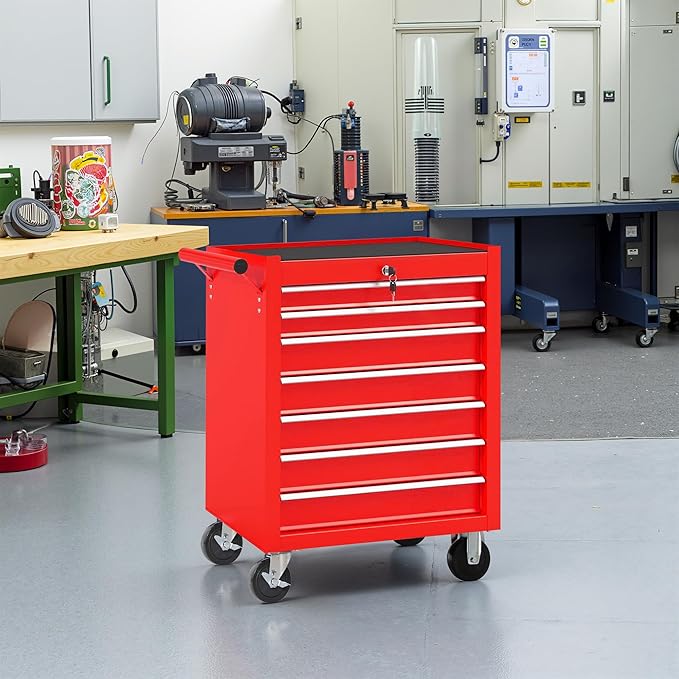 Tool Chest 7 Drawers Garage Storage Cabinet Steel Frame Tool Chest with Wheels, Top Storage Rack, Rubber Mat, Side Handle for Garage Workshop, Red