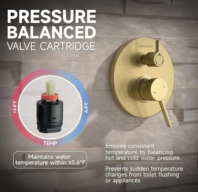 Lava Odoro Modern 2-Setting Round Rain Shower System, Gold Rainfall Shower Faucet Set Rain Shower Head and Handle Set, Shower Valve Trim Kit, 10 Inch, Brushed Gold, SF104-SG