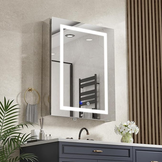 20x30In Medicine Cabinet with Lights, Recessed or Wall Mount LED Medicine Cabinet Mirror for Bathroom, with Defog, 3 Color Temperature & Stepless Dimming, Double Sockets & USBs(Left Door)