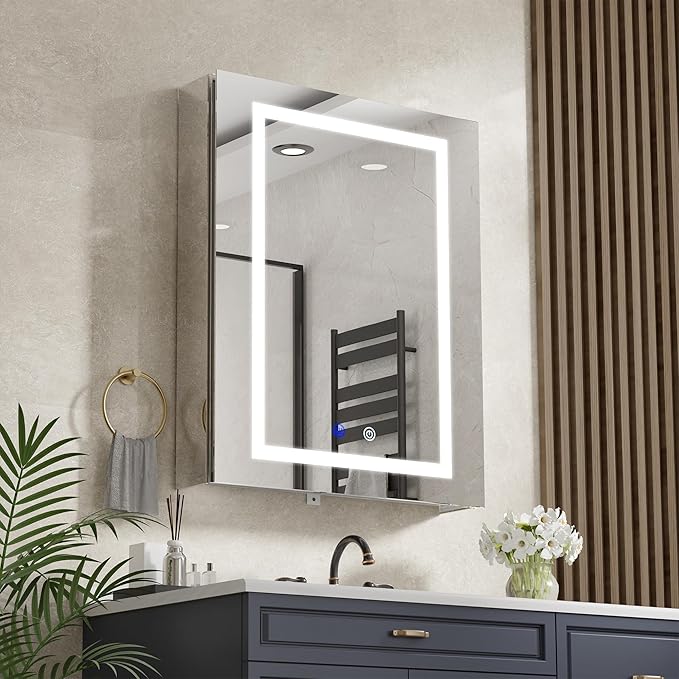 24x30In Medicine Cabinet with Lights, Recessed or Wall Mount LED Medicine Cabinet Mirror for Bathroom, with Defog, 3 Color Temperature & Stepless Dimming, Double Sockets & USBs(Right Door)
