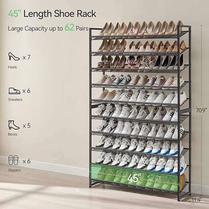 Shoe Rack, Long Shoe Organizer,Max Holds 62 Pairs,10 Tier Metal Shoe Storage Shelf,5-Tier Stackable Shoes Organizer for Garage, Entryway,Black