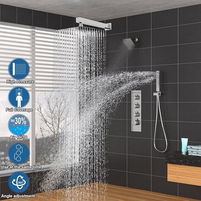 Enga Thermostatic Dual Shower System, 12"+6" Wall Mount Dual Rain Shower Faucet, All Functions Use Together & Volume Adjustable, Chrome