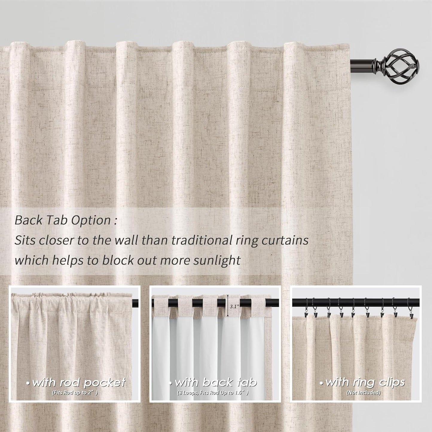 BOODII Oatmeal Thermal Insulated Black Out Curtains 90 Inches Long for Bedroom Back Tab Full Blackout Linen Curtains Heat Blocking Energy Saving Room Darkening Curtain Nursery Drapes Warm Taupe