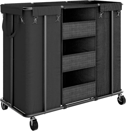 WOWLIVE Laundry Sorter 2 Section 200L Rolling Laundry Hamper with Hanging and Removable Bags Laundry Cart with Steel Frame and Storage Unit Large Basket Organizer for Dorm Room, Bathroom (Black)