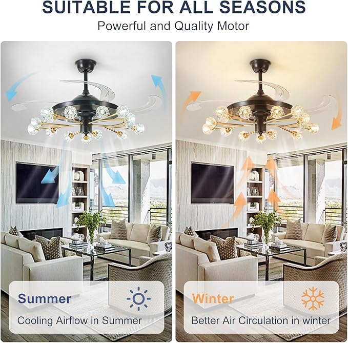 Black and Gold Chandelier Fan: Crystal Sputnik Ceiling Fan with Light and Remote - 42" Modern Fandelier with 15 Lights - Retractable Ceiling Fan for Living Dining Room Kitchen