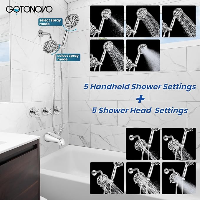 gotonovo 3 Handle Tub Shower Faucet Set, Dual Shower Head and Handle Set, Bathtub and Shower Faucet Combo,Shower System with Tub Spout,Wall Mount Tub Shower Trim Kit Polished Chrome