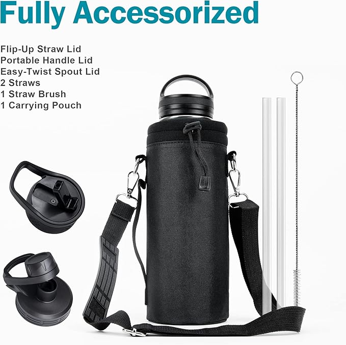 BUZIO Water Bottle with Straw lid, Spout Lid, Hand Lid and Carrying Pouch, 32oz 40oz 64oz Stainless Steel Water Flask Jug, Cold for 48 Hrs Hot for 24 Hrs Double Vacuum Thermo Canteen Mug, BPA-Free