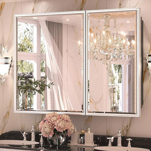 Keonjinn 40” x 30” Medicine Cabinets for Bathroom with Mirror Recessed or Surface Wall-Mounted Aluminum Alloy Framed Beveled Mirror with Soft Close Hinge, 2 Doors Silver Mirrored Cabinet