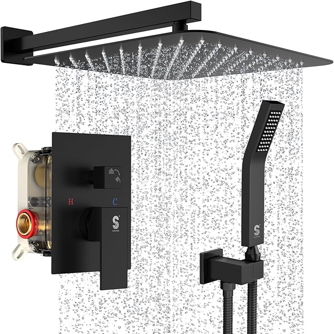 SR SUN RISE Matte Black Square Rainfall Shower Head and Handle Set, Wall Mounted Shower Fixtures, Metal Shower Faucet Trim Repair Kits (With Shower Valve) 16 Inches