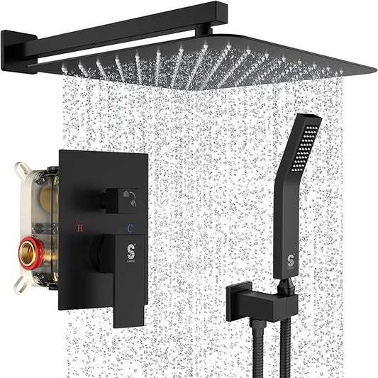 SR SUN RISE Matte Black Square Rainfall Shower Head and Handle Set, Wall Mounted Shower Fixtures, Metal Shower Faucet Trim Repair Kits (With Shower Valve) 16 Inches