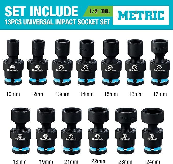 DURATECH 1/2" Drive Impact Swivel Socket Set, 13-Piece Shallow Wobble Sockets, Universal Joint Socket Set Metric, Cr-Mo Steel, 6 Point, Organized in Sturdy Storage Case(10-24mm)