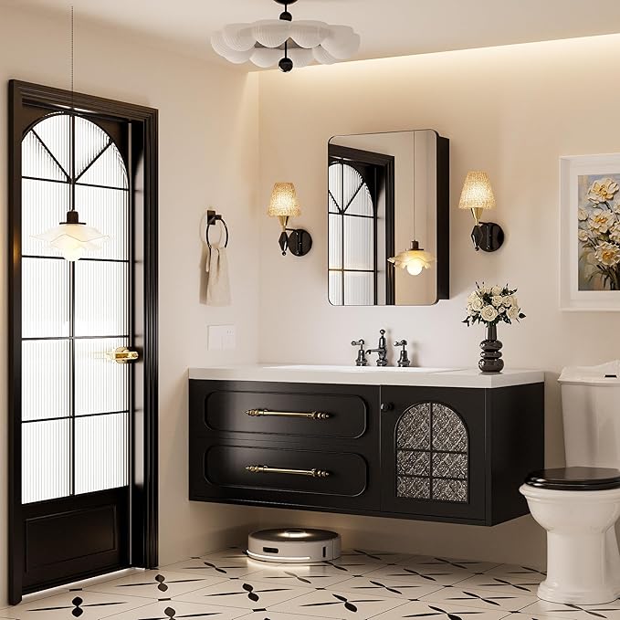 Black Medicine Cabinet with Mirror for Bathroom:20x26 Inch Small Mirrored Vanity Storage with Adjustable Shelves-Surface or Recessed Wall Mount-Matte Black Frame