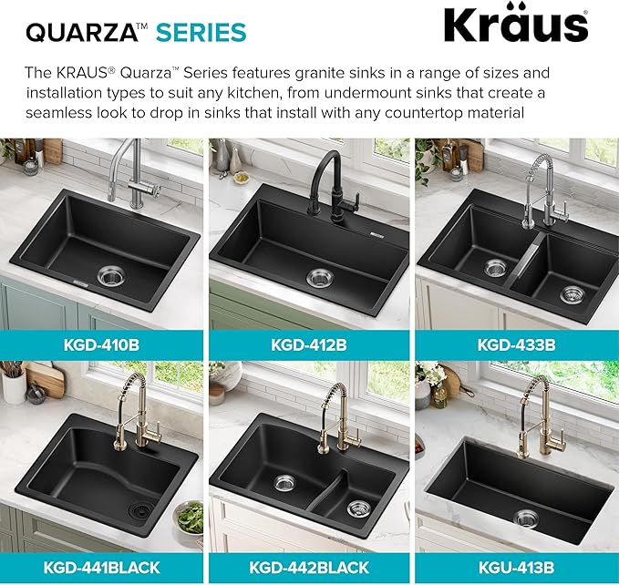 KRAUS Quarza 33-inch Drop-In/Undermount 50/50 Double Bowl Granite Kitchen Sink in Black Onyx, KGD-433B