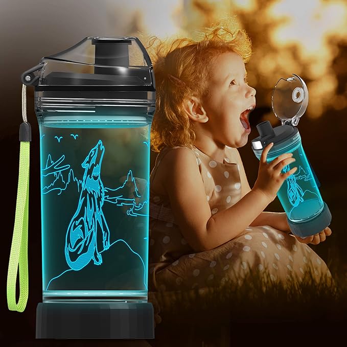 Kids Water Bottle with 3D Glowing Wolf LED Light - 14 OZ Tritan BPA Free - Creative Ideal Travel Cup Wolf Gift for School Kid Boy Child Holiday Camping Picnic