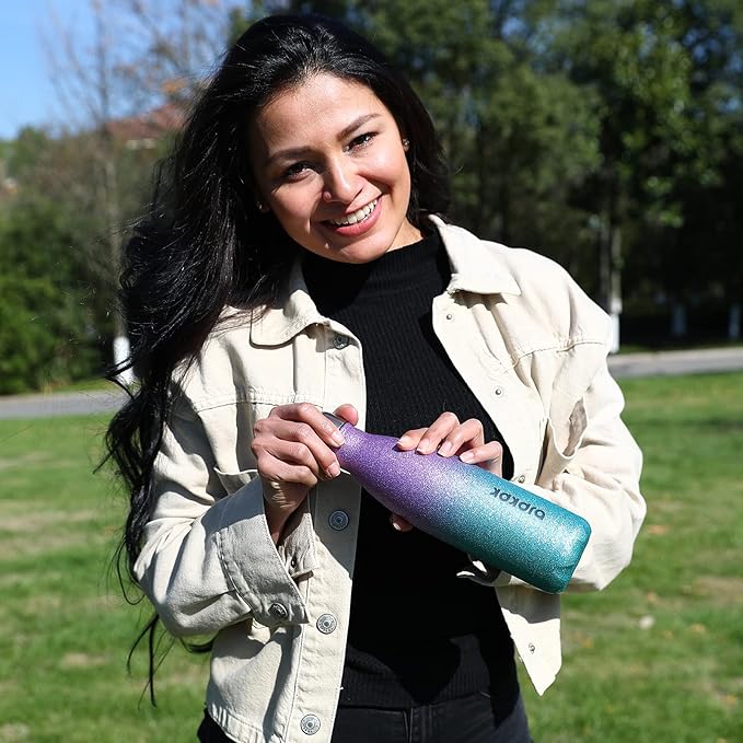 BJPKPK Insulated Water Bottles -17oz/500ml -Stainless Steel Water Bottles,Sports Water Bottles Keep Cold for 24 Hours and Hot for 12 Hours,BPA Free Water Bottle,Glitter Purple Green