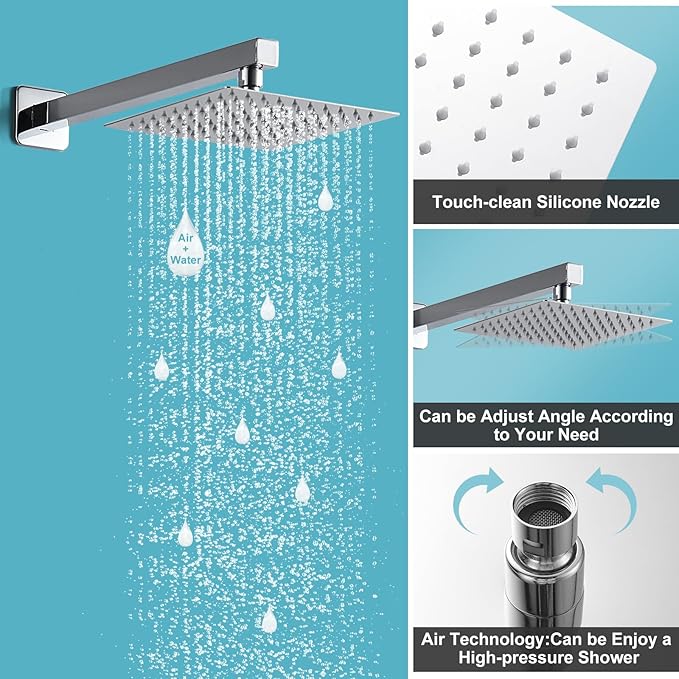 Chrome Shower System 8 Inch, Rain Shower Head with Handheld Spray, Luxury Rain Shower Set Square Wall Mount for Bathroom with Rain Shower and Handheld Shower System