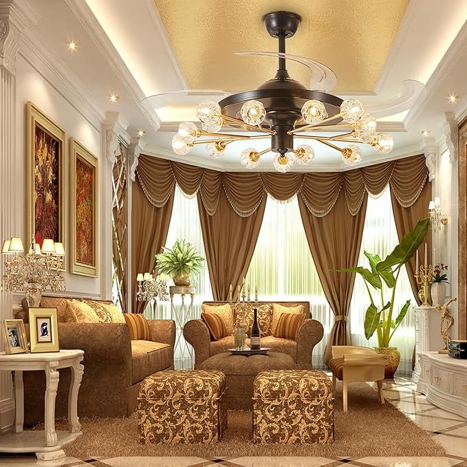 Sputnik Ceiling Fan with Light: Black Modern Chandelier with Fan for Indoor - Crystal 48" Fandelier with 15 Lights for Living Dining Room Kitchen - Retractable Ceiling Fan with Lights