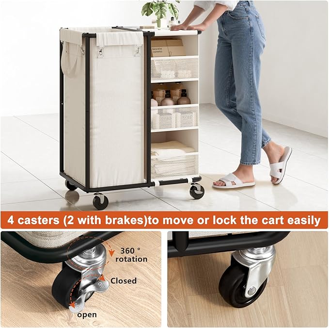 WOWLIVE Laundry Sorter with Wheels 100L Rolling Laundry Hamper with Hanging and Removable Bag Laundry Cart with Steel Frame and Storage Unit Large Basket Organizer for Dorm Room, Bathroom (Beige)