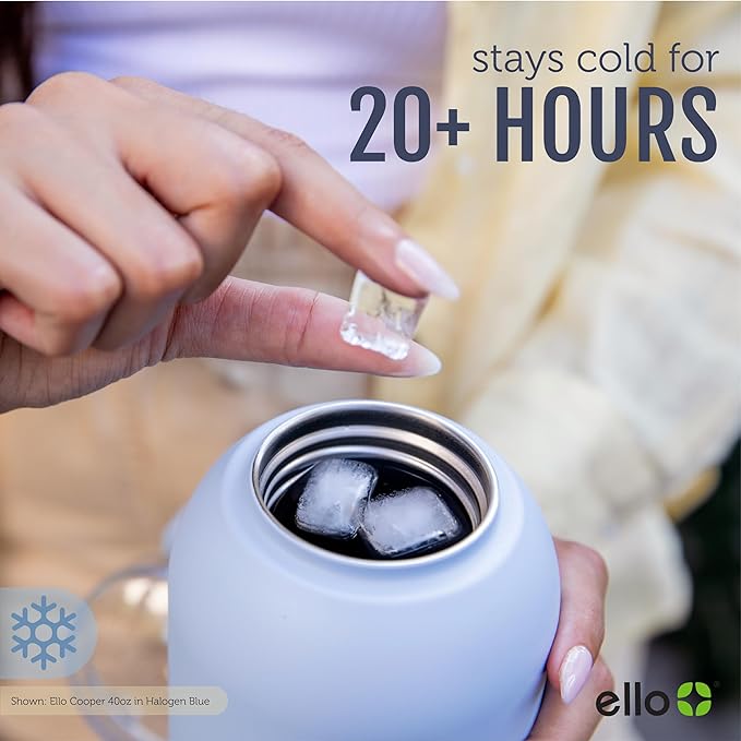 Ello Cooper 32oz Stainless Steel Water Bottle with Straw and Carry Handle, Double Walled and Vacuum Insulated Metal, Leak Proof Locking Lid with Soft Silicone Spout, Reusable, BPA Free, White Marble