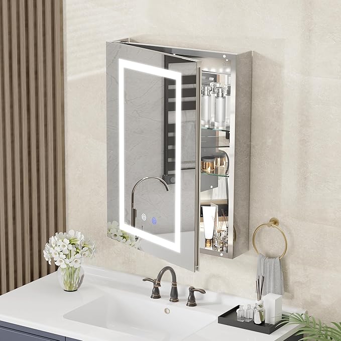 20x28x5.3In Medicine Cabinet with Lights, Recessed or Wall Mount Lighted Bathroom Mirror Medicine Cabinet with Defog, 3 Color Temperature & Stepless Dimming, Double Sockets & USBs（Left Door）