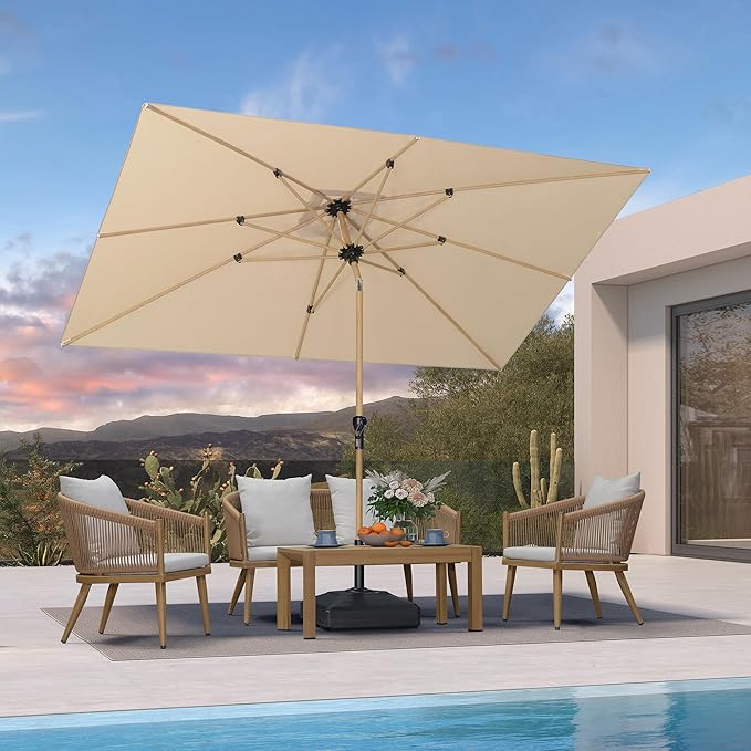 PURPLE LEAF 6.5' x 10' Patio Umbrella Outdoor Table Umbrella Aluminum Market Umbrella with Push Button Tilt & 8 Sturdy Ribs and Crank Rectangular Sun Umbrella for Pool Backyard Beach, Beige