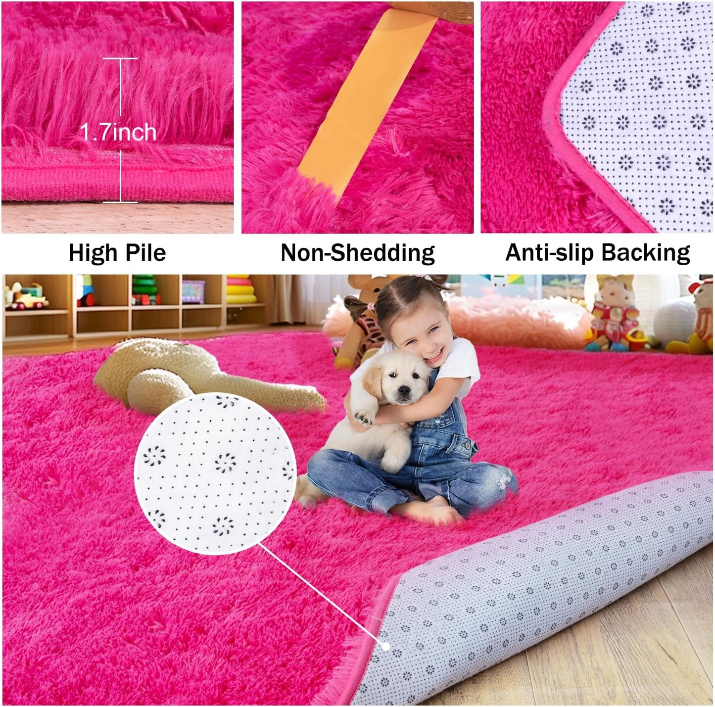 Extra Large Fluffy Area Rug for Bedroom Living Room, 9x12 Feet Hot Pink Modern Indoor Carpets Room Colorful Rugs, Plush Indoor Nursery Classroom Home Decor Bedside Rug with Non-Slip Bottom