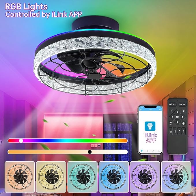 Flush Mount Ceiling Fans with Lights, Modern Low Profile Ceiling Fan with Dimmable LED Lights, Reversible Motor and Remote & App Control, Enclosed Design for Bedroom Doorway Laundry Room