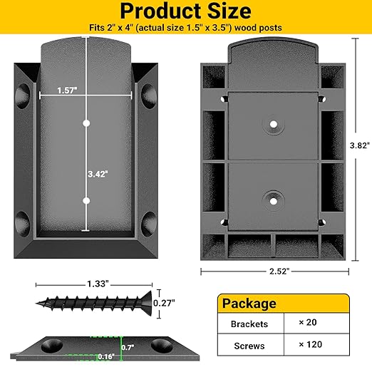 20 PCS Aluminium Deck Railing Brackets Connectors for 2x4 Inch (Actual Size 1.5”x3.5”) Wood Post to Handrail Connection with 120 PCS Screws for Wooden Fence Stair Railings, Rust-Free
