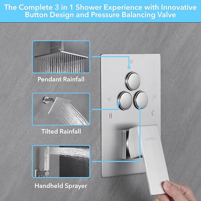 VANFOXLE Shower Faucet Set Brushed Nickel Shower System,Push Button Diverter Shower Faucet with 2 in 1 Handheld,Ceiling Mount Increased Thickness 10 Inch Shower Head with 6 Inch Wall Mount Shower Head