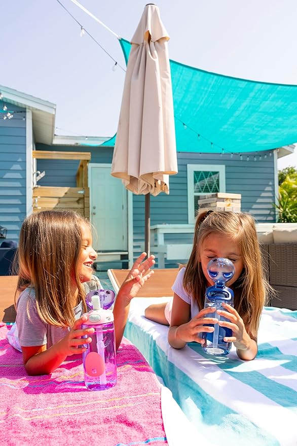 Ello Ellies 16oz Plastic Kids Water Bottle with Straw and Built-in Carrying Handle and Leak-Proof Locking Lid for School backpack, Lunchbox and Outdoor Sports